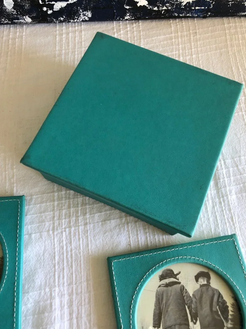 Hudson Hill Turquoise Leather Coasters / Picture Frames, Set of 4